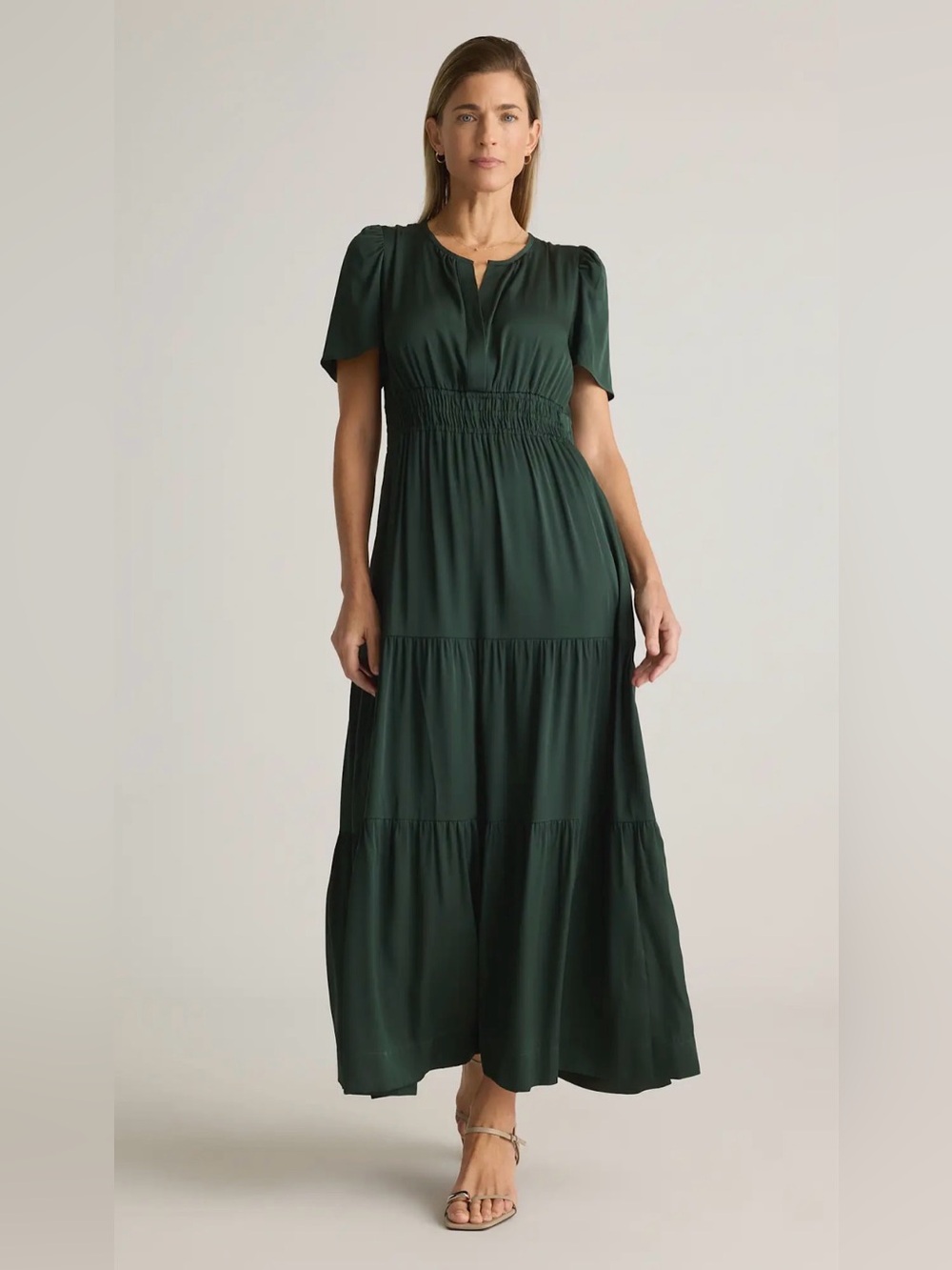 Quince Silk Tiered V‑Neck Short‑Sleeve Maxi Dress in Forest Green- Large NWT